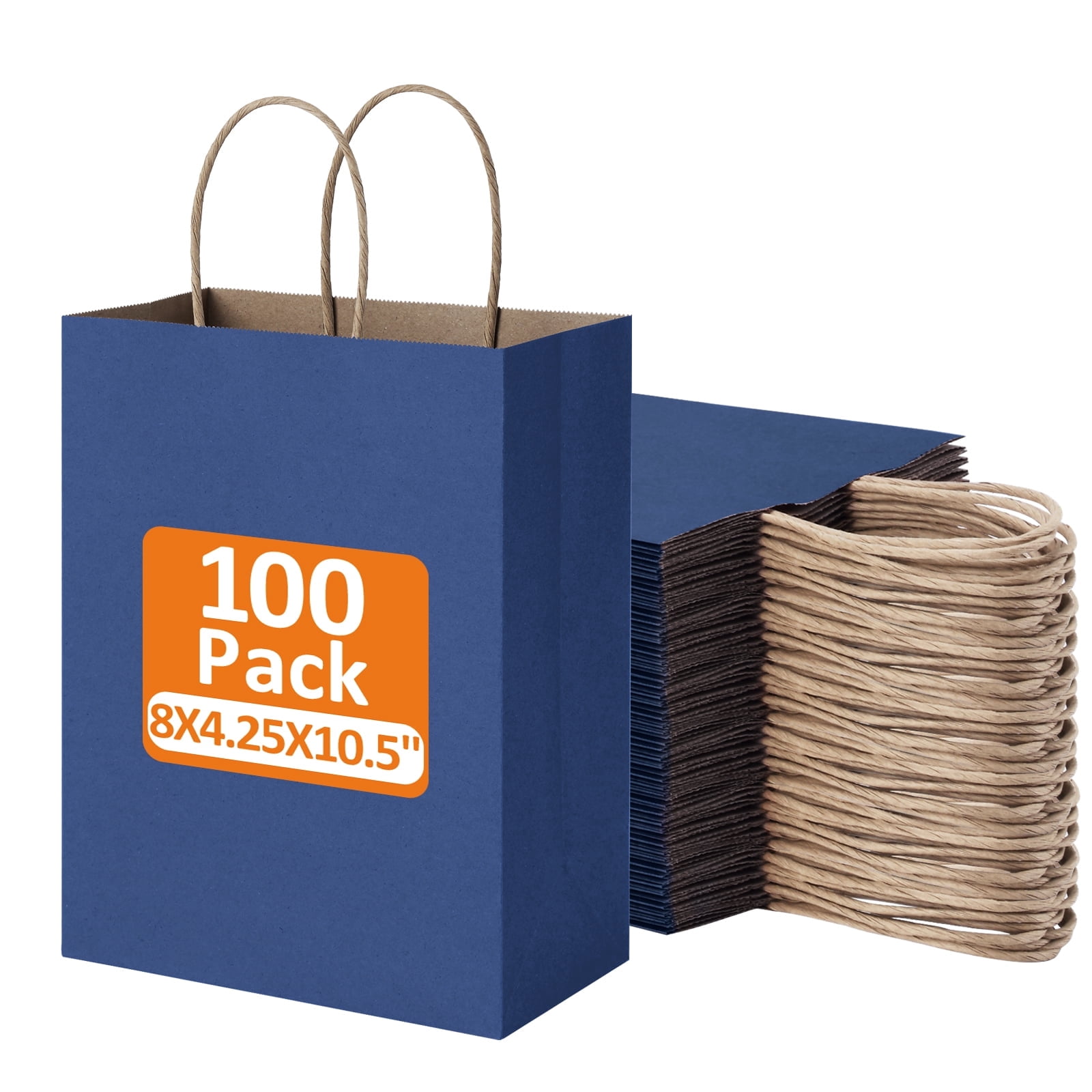 BagDream 100 Pack Navy Blue Gift Bags, 8x4.25x10.5 Kraft Paper Bags with Handles Bulk for Shopping Bags Retail Merchandise Bags Grocery Bags Takeout Bags