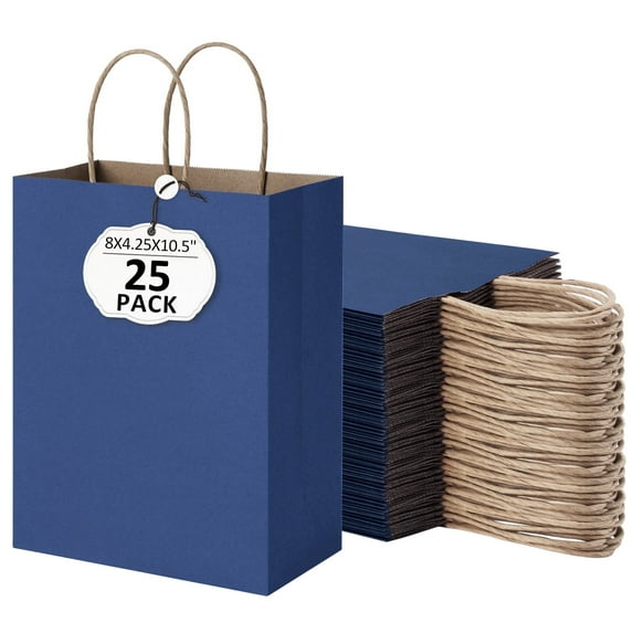 BagDream 25 PacK Navy Blue Gift Bags, 8x4.25x10.5 Kraft Paper Bags with Handles Bulk for Shopping Bags Retail Merchandise Bags Grocery Bags Takeout Bags