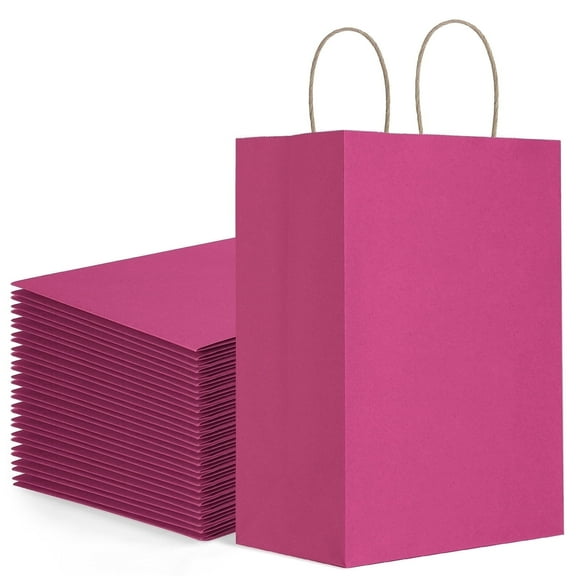 BagDream 25 Pack Medium Pink Valentine's Day Gift Bag with Handles 8x4.25x10.5" Kraft Paper Bags Goodies Bag for Birthdays Baby Showers Wedding Holiday Party