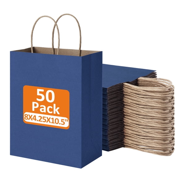 BagDream 50 Pack Navy Blue Gift Bags, 8x4.25x10.5 Kraft Paper Bags with Handles Bulk for Shopping Bags Retail Merchandise Bags Grocery Bags Takeout Bags