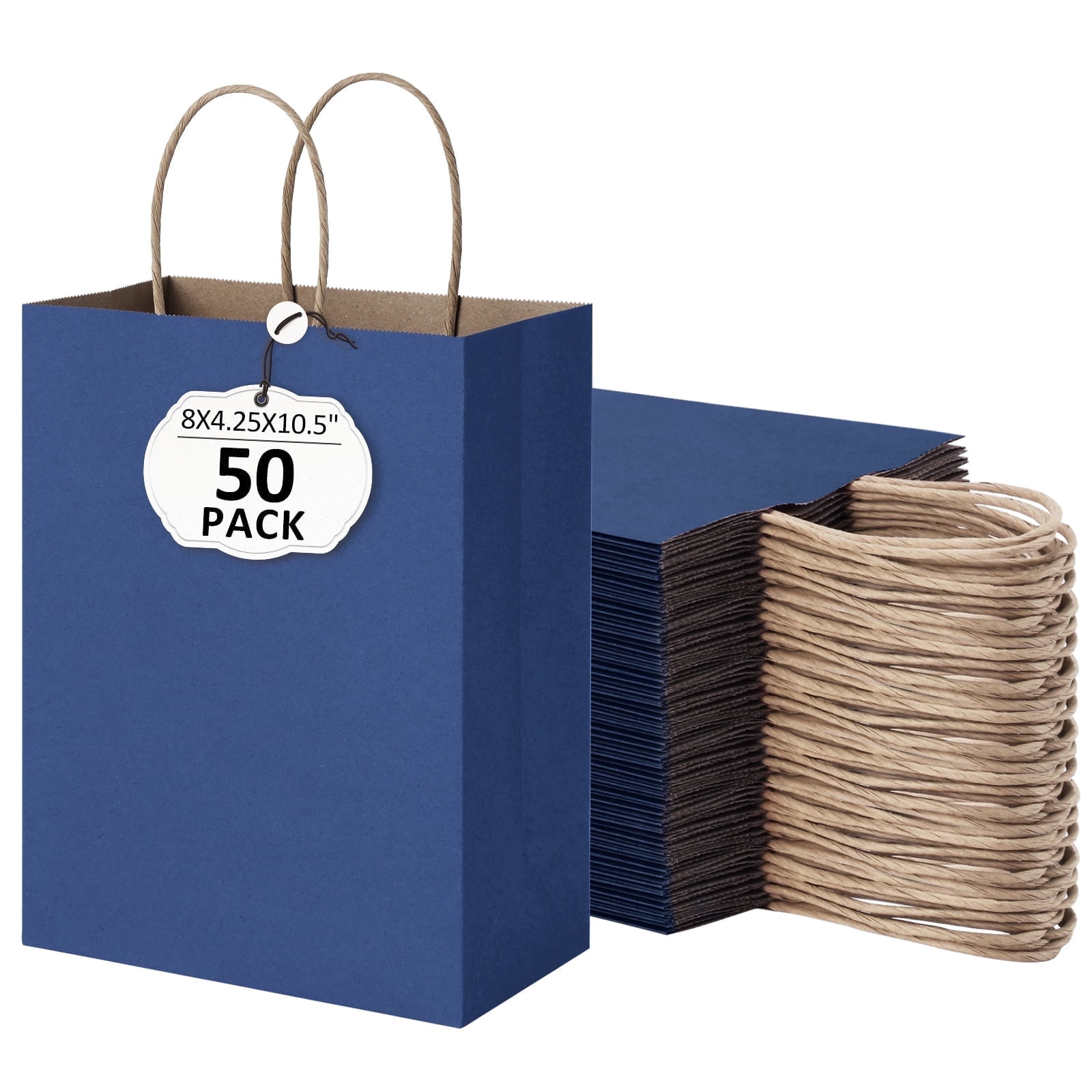 BagDream 50 Pack Navy Blue Gift Bags, 8x4.25x10.5 Kraft Paper Bags with Handles Bulk for Shopping Bags Retail Merchandise Bags Grocery Bags Takeout Bags