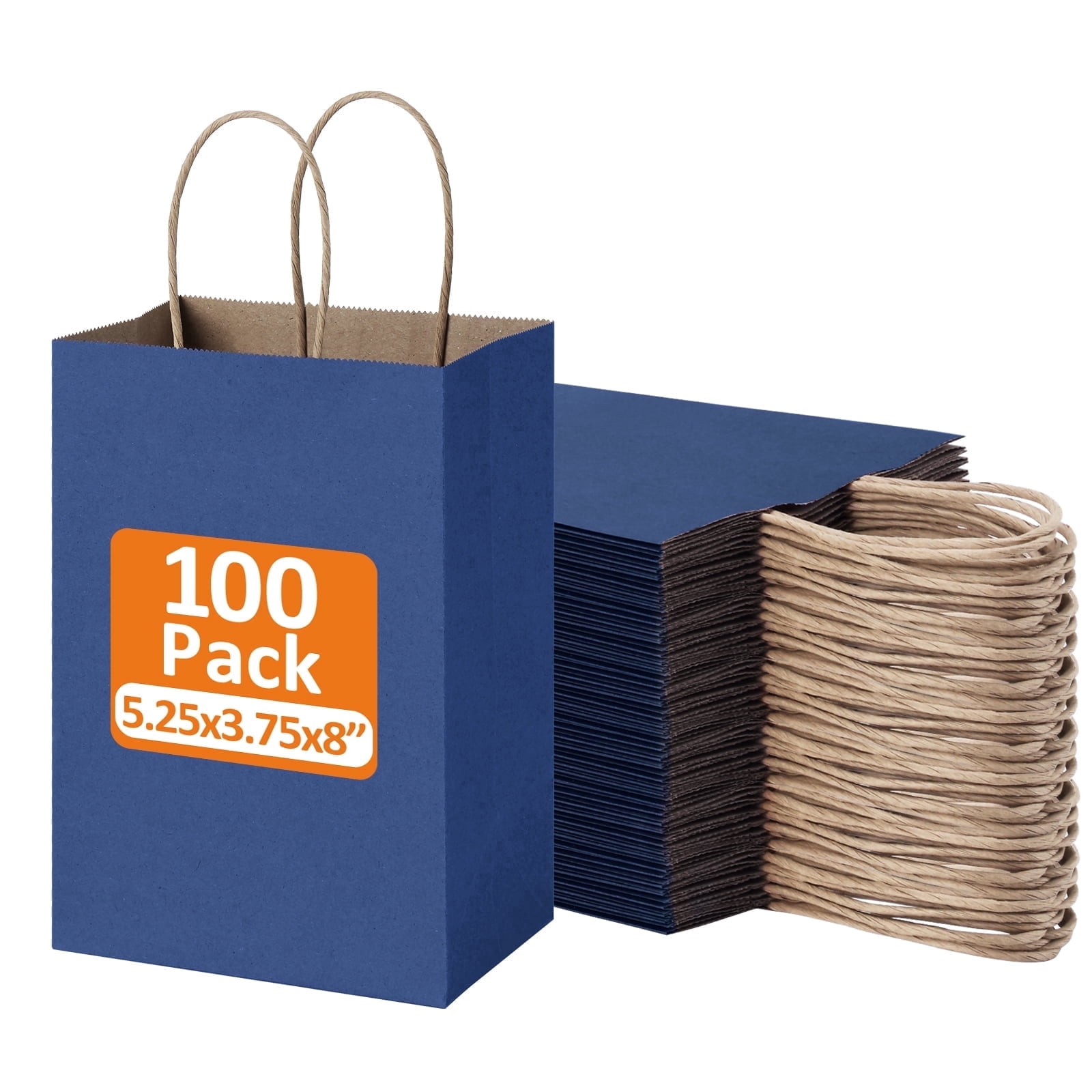 BagDream 100 Pack Navy Blue Kraft Paper Bags, 5.25x3.75x8 inches Small Paper Gift Bags with Handles Bulk Shopping Bags for Business, Retail, Merchandise, Wedding and Father's Day