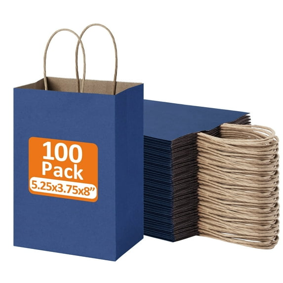BagDream 100 Pack Navy Blue Kraft Paper Bags, 5.25x3.75x8 inches Small Paper Gift Bags with Handles Bulk Shopping Bags for Business, Retail, Merchandise, Birthday and Baby Shower
