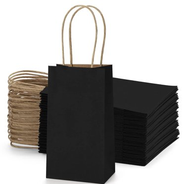 50 Pack Kraft Paper Gift Bags - Bulk Black Small Landscape Shopping Bags With Handles
