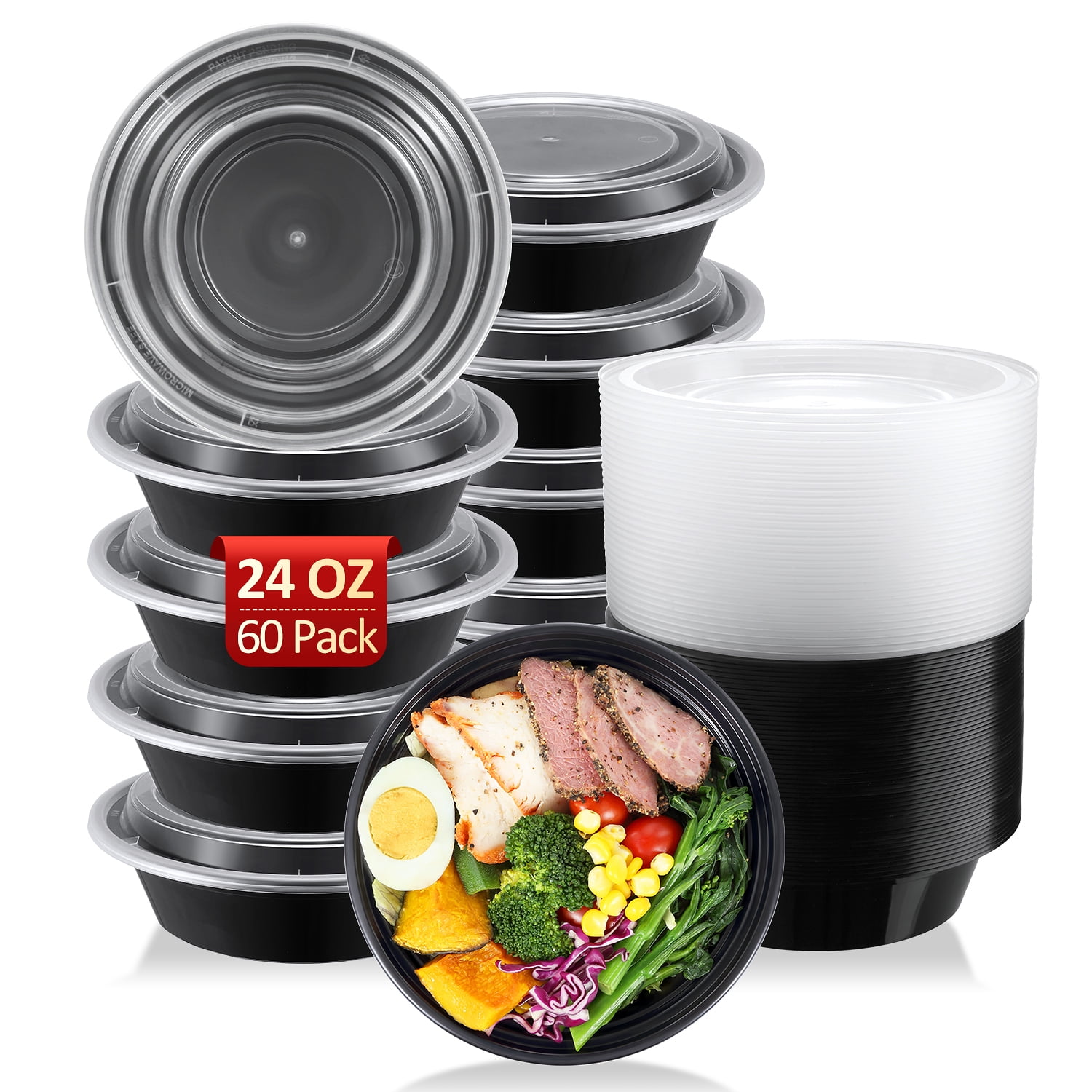 BagDream 60 Pack 24 oz Round Meal Prep Bowls Disposable Food Storage
