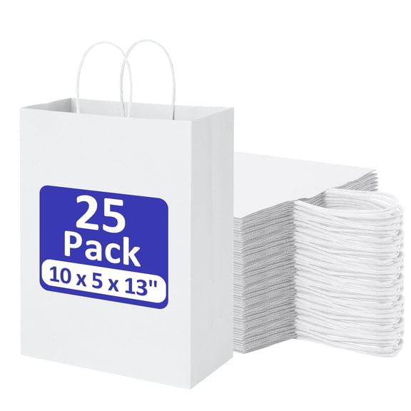 BagDream Recyclable Paper Bags 10x5x13 25Pcs White Kraft Paper Gift Bags, Shopping Bags, Merchandise Bags, Retail Bags, Party Bags, Gift Bags with Handles