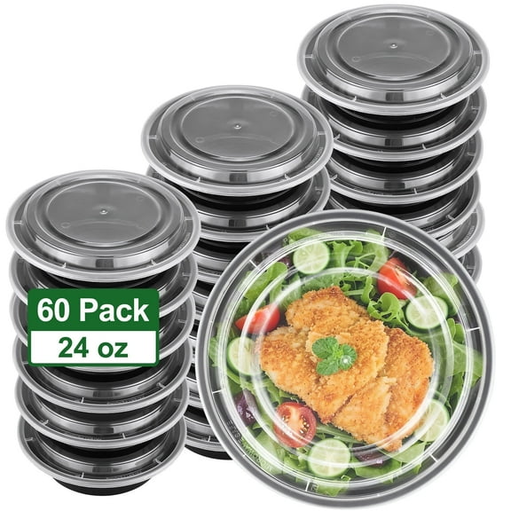 BagDream 24oz Round Meal Prep Bowl 60 Pack Plastic Food Storage Containers with Lids Disposable for Soup and Salad