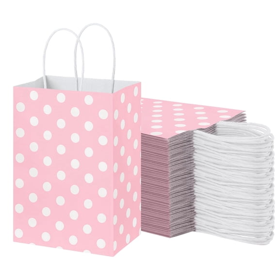BagDream 25 Pack Pink Paper Bags with White Polka Dots Small Gift Bags for Valentine's day, Girls Birthday Party Wedding and Baby Showers, 5.25x3x8"