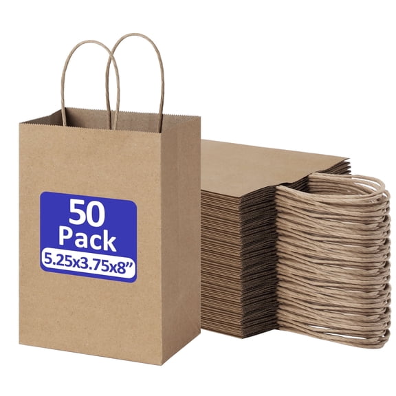 BagDream 50Pcs Brown Paper Gift Bags, 5.25x3x8inch Small Paper Bags with Handles Bulk for Shopping, Birthday, Wedding, Merchandise and Business Party