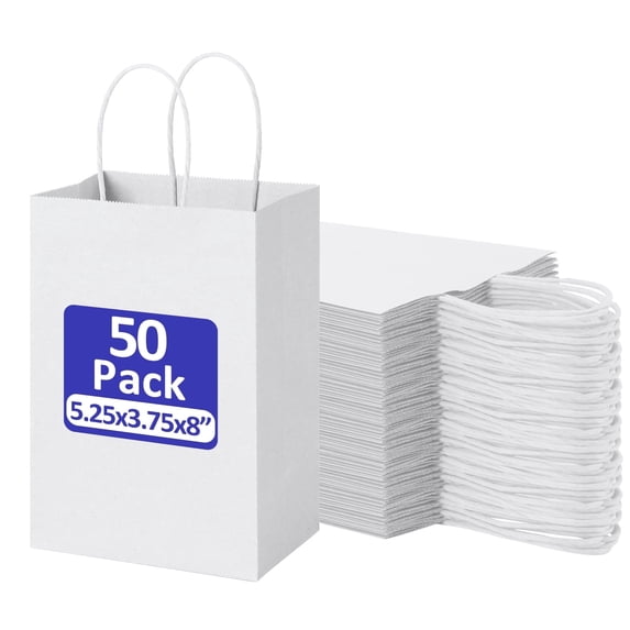 BagDream 50Pcs White Paper Gift Bags, 5.25x3x8inch Small Paper Bags with Handles Bulk for Shopping, Birthday, Wedding, Merchandise and Business Party