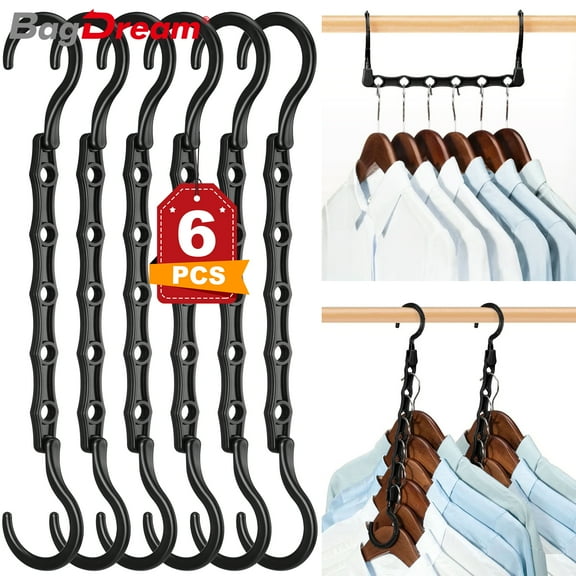 BagDream Black Magic Space Saving Hangers 6 Pack, Sturdy Plastic Hanger Closet Organizers with 5 Holes for Clothes Storage, College Dorm Essentials, Home Organization