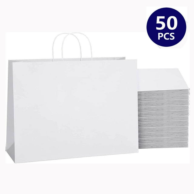 BagDream White Paper Bags With Handles 50Pcs 16x6x12 inches Kraft Paper