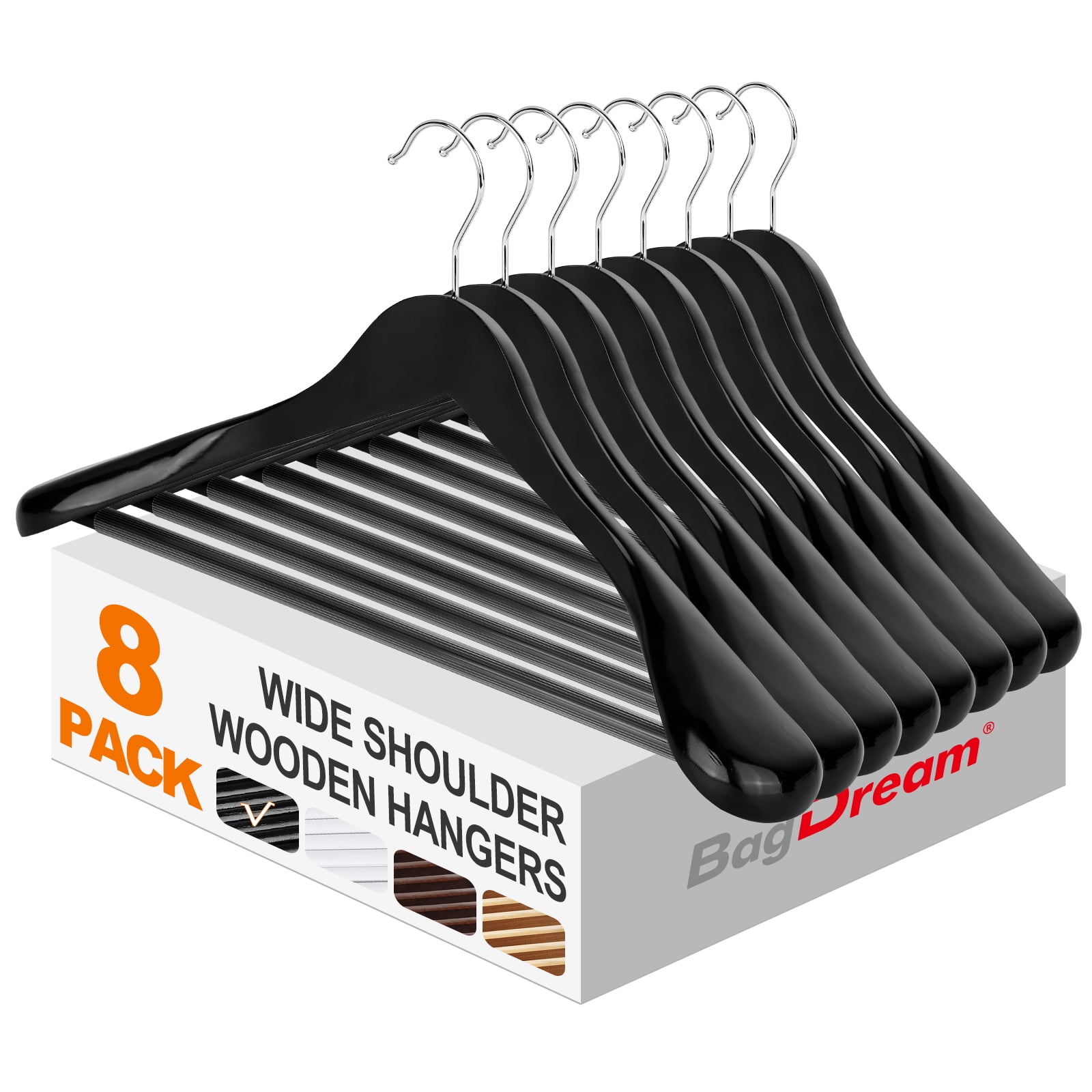 BagDream 8 Pack Wide Shoulder Wooden Suit Hangers with Non Slip Pants Bar, Solid Wood Jacket Clothes Hangers Smooth Finish for Sweater, Pants, Heavy Clothes, Black