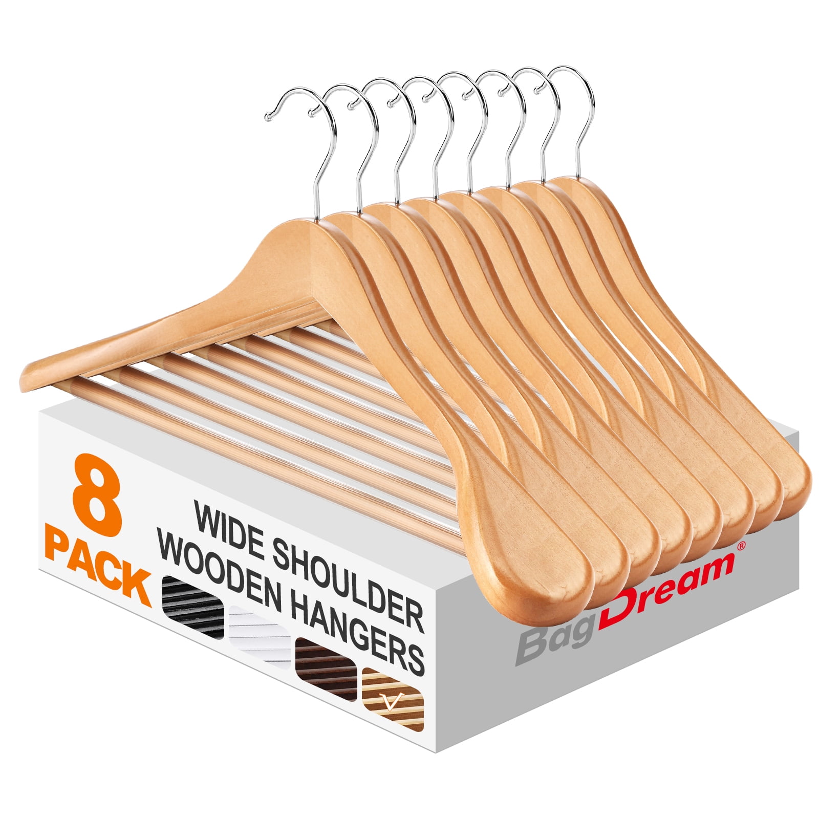 BagDream 8 Pack Wide Shoulder Wooden Hangers Coat Hangers with Non Slip Pants Bar, Solid Wood Jacket Clothes Hangers Smooth Finish for Sweater, Pants, Heavy Clothes, Natural