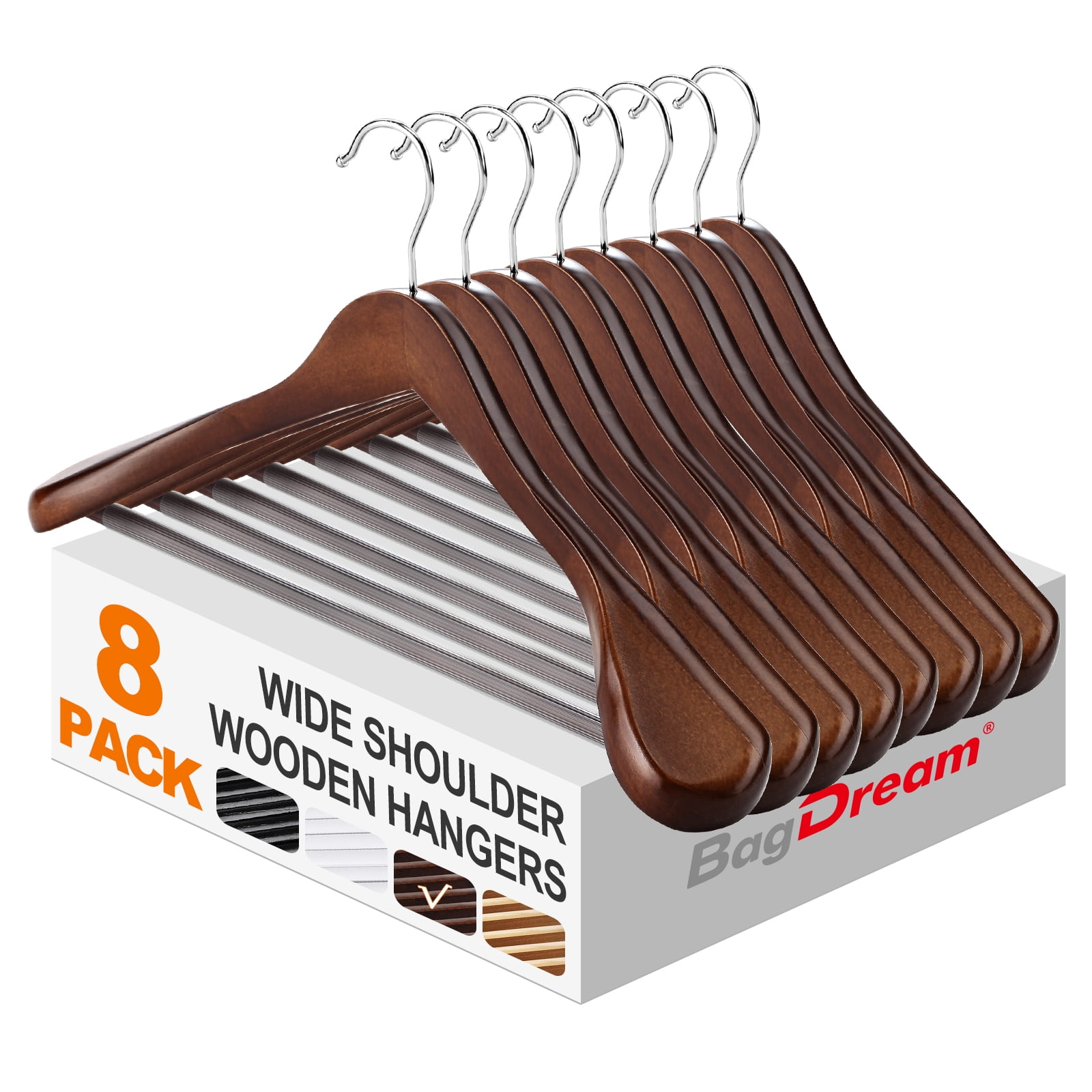 BagDream 8 Pack Wide Shoulder Wooden Hangers Coat Hangers with Non Slip Pants Bar, Solid Wood Jacket Clothes Hangers Smooth Finish for Sweater, Pants, Heavy Clothes, Walnut