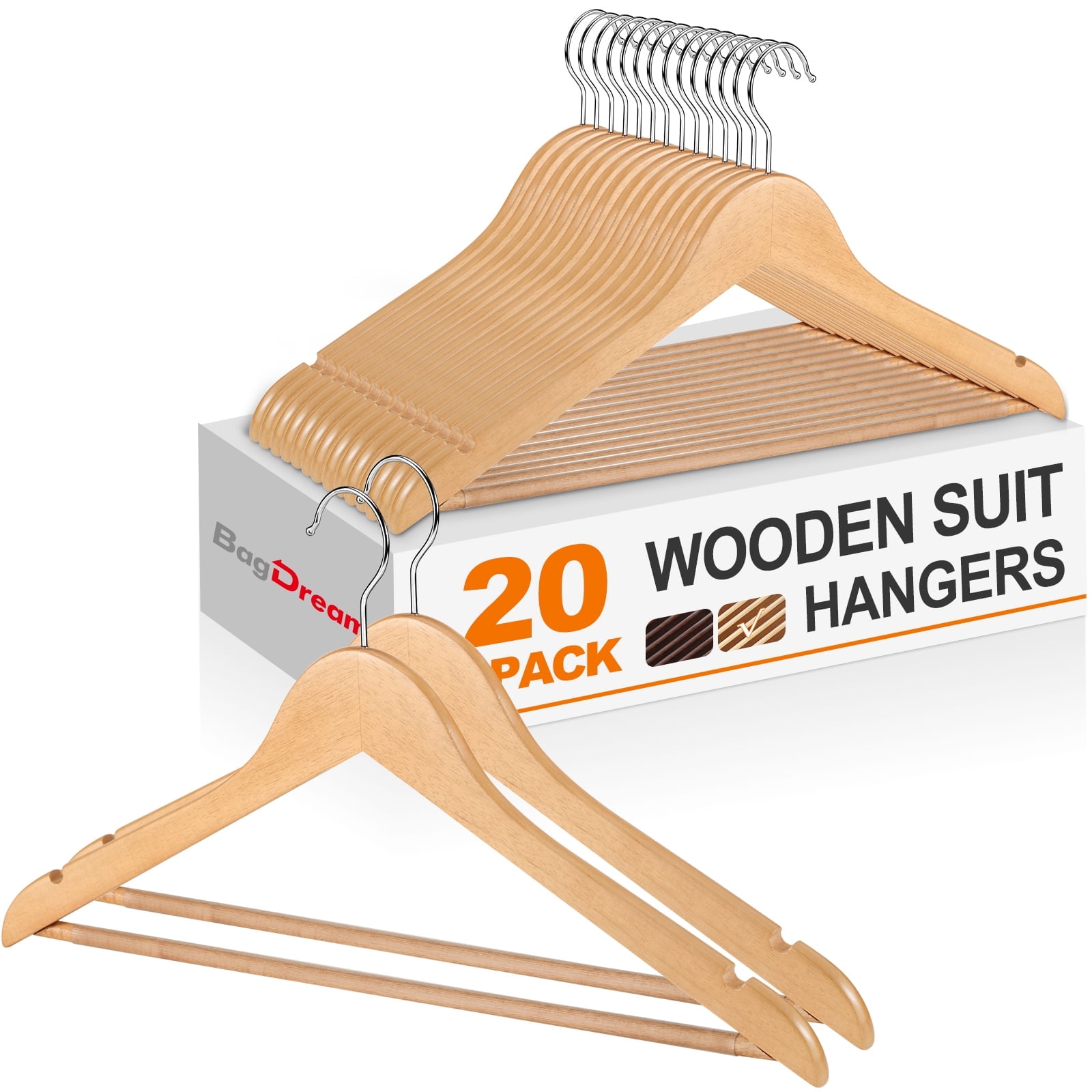 BagDream Wooden Coat Hangers 20 Pack Natural Wood Suit Clothes Hangers with Non Slip Pant Bar & 360° Swivel Hook