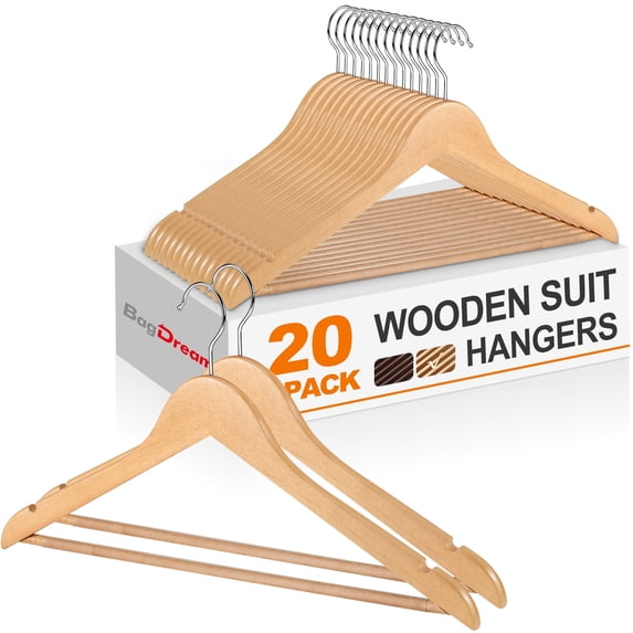 BagDream Wooden Coat Hangers 20 Pack Natural Wood Suit Clothes Hangers with Non Slip Pant Bar & 360° Swivel Hook