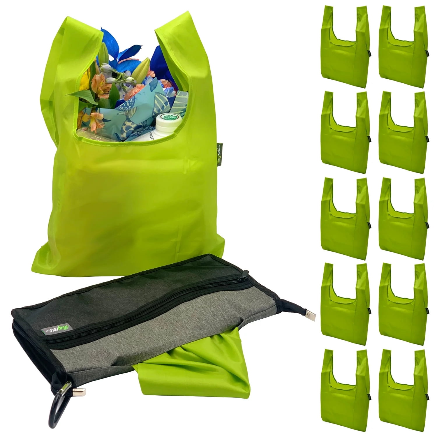 BagFold LIGHT 10 Reusable Eco Friendly Grocery Bags For Shopping In A Dispensing Pouch Features Carabiner Clip Coupon Pouch Walmart