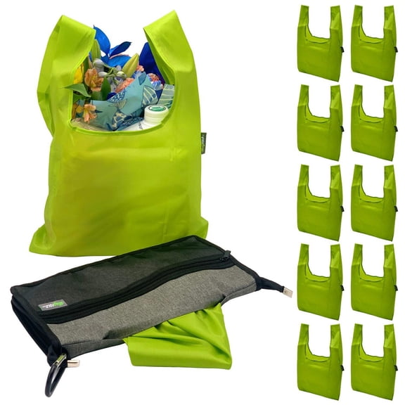 BagFold LIGHT - 10 Reusable Eco-Friendly Grocery Bags For Shopping In A Dispensing Pouch; Features Carabiner Clip  Coupon Pouch