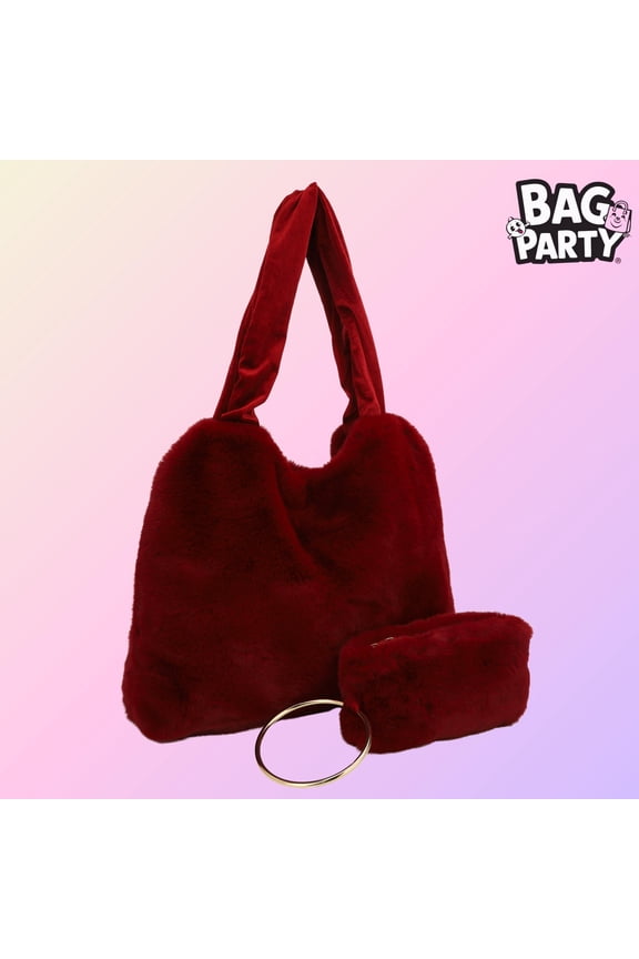 BagParty 2024 Fall/Winter Velvet Faux Fur Tote Bag Set for Women, Soft Large Capacity Fashion Handbag for Office, School, Outdoor & Holiday Gift
