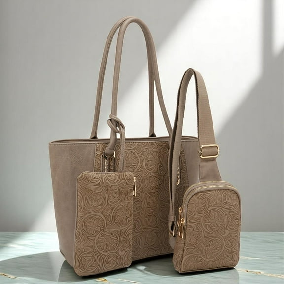 BagParty Elegant 3-Piece Vegan Leather Tote Bag Set - Paisley Flower, Women Handbag for Working, Family, Travel, Everyday Purse