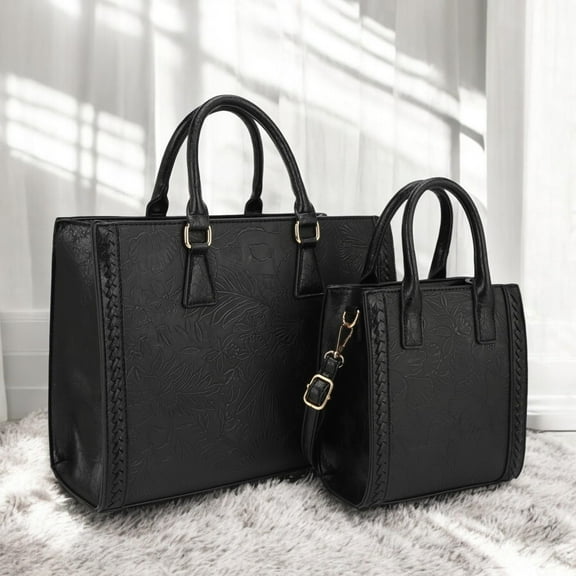 BagParty Spring Fashion 2-Piece Vegan Leather Tote Bag Set - Hibiscus Flower, All Match Trendy Women Working Bag, Everyday Bag for Office Lady