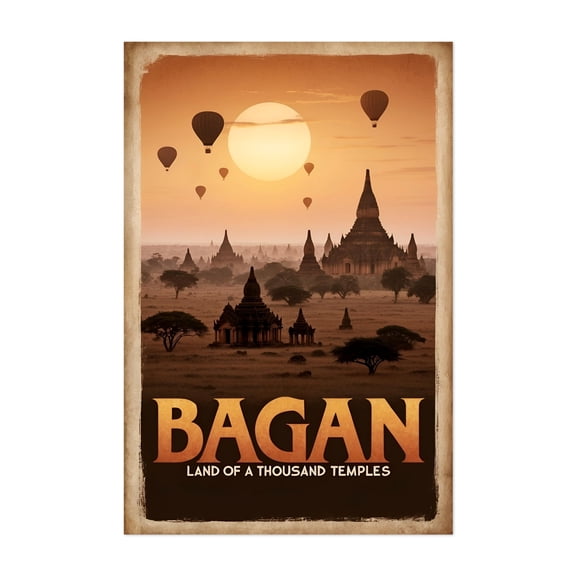 Bagan Travel Poster: Land of a Thousand Temples - Old Bagan Mandalay Region Myanmar (Burma) Illustration Travel Poster Sunset Vintage Landscape Architecture Unframed Wall Art Print 12 x 18 inches
