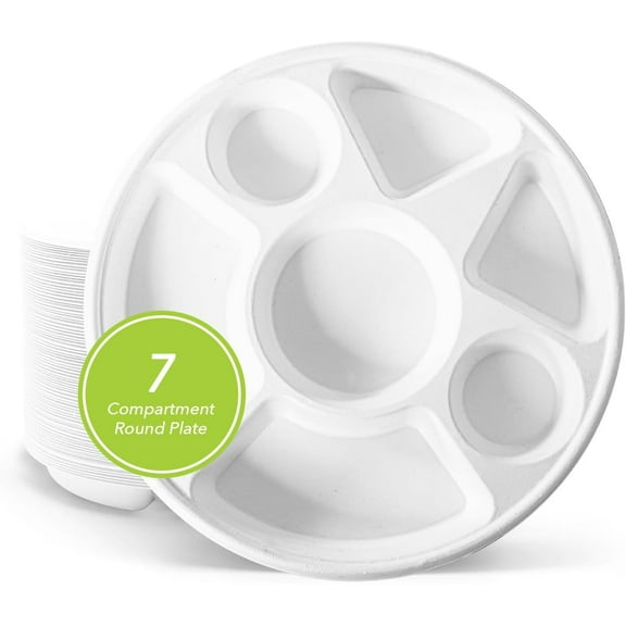 Bagasse Round Plate 7 Compartment 200 Count Heavy Duty Biodegradable