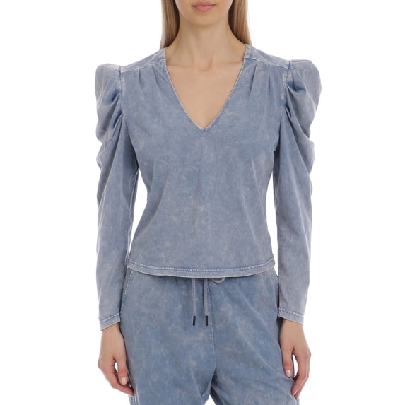 Bagatelle NYC Women's Juniors Tie Dye Ruffle Shoulder Rib Knit Long Sleeve Top