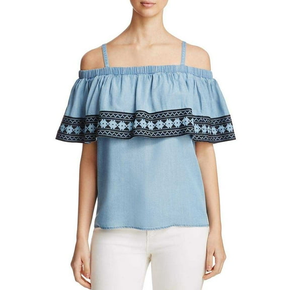 Bagatelle Ruffle Cold-Shoulder Pullover Blouse Shirt Tops, Blue, Large