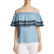 Bagatelle Ruffle Cold-Shoulder Pullover Blouse Shirt Tops, Blue, Small