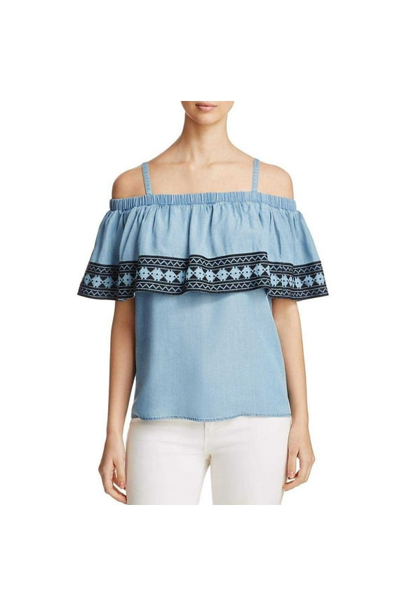 Ruffle Cold-Shoulder Pullover Blouse Shirt Tops, Blue, X-Small