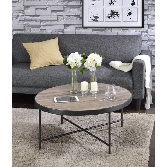 Bage Round Coffee Table, Weathered Gray Oak Tabletop with Black Metal Frame, Industrial Accent Table for Living Room