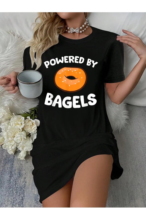 Bagels Breakfast Love Bagel Powered By Bagels T-Shirt Dress Casual Summer Dress Everyday Outfit