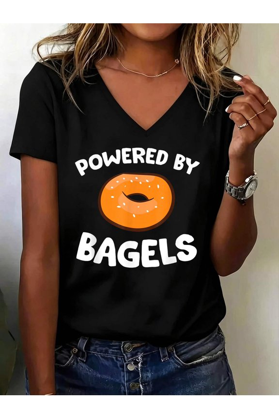 Bagels Breakfast Love Bagel Powered By Bagels V Neck T-Shirt Cotton Women's V Neck Graphic Tee, Casual Short Sleeve Shirt,Vacation Outfit