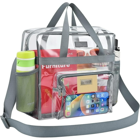 Bagenius Clear Bag for Stadium Use, Clear Bag 12x6x12 with Reinforced Strap, Clear Tote Bag for Sports Concerts Festivals Work - Gray