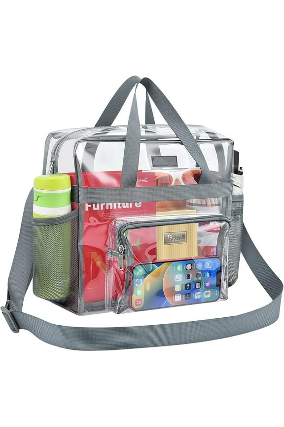 Clear Bag for Stadium Use, Clear Bag 12x6x12 with Reinforced Strap, Clear Tote Bag for Sports Concerts Festivals Work - Gray