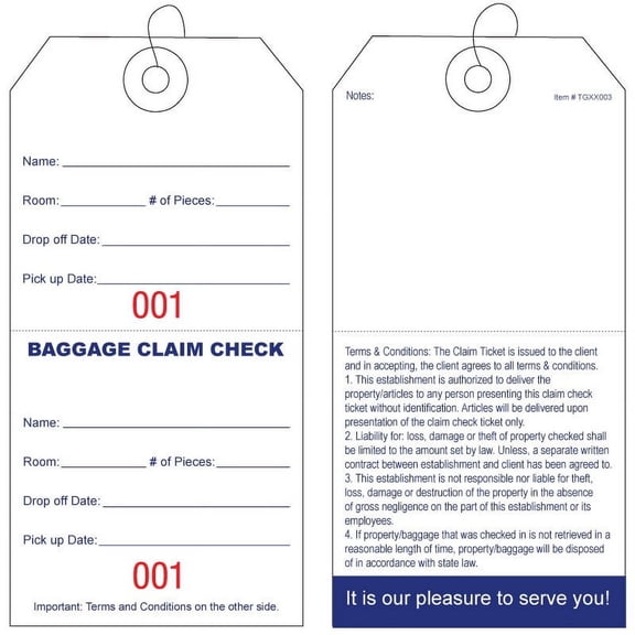 Baggage Claim Check Tags-In English with Red Consecutive Numbering. Knotted strings attached to each tag. Tag Size: 5 1/4" (Height) x 2 5/8" (Width). TGXX003B. 100 Tags.