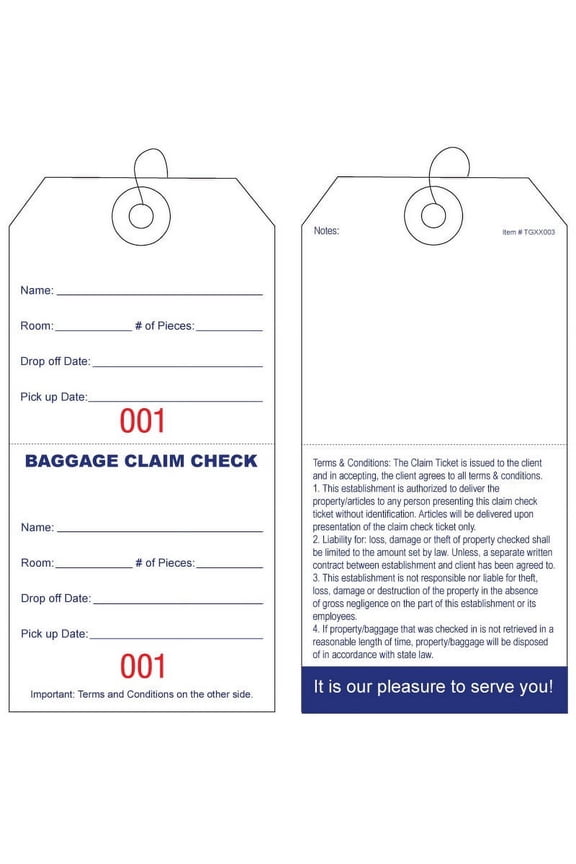 Baggage Claim Check Tags-In English with Red Consecutive Numbering. Knotted strings attached to each tag. Tag Size: 5 1/4" (Height) x 2 5/8" (Width). TGXX003SQ. 25 Tags.