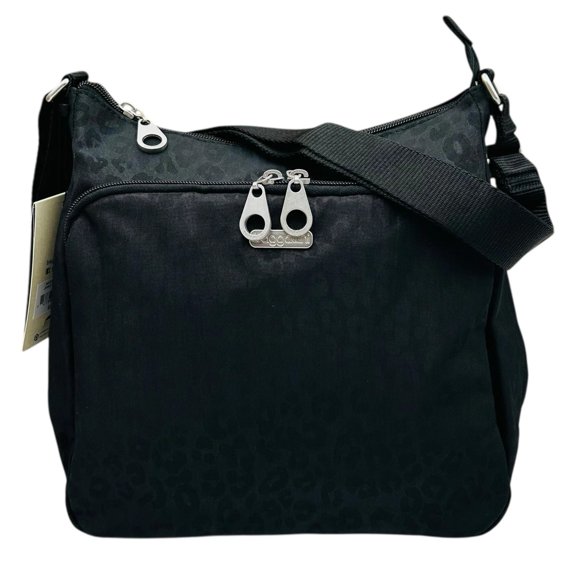 Baggallini Joey Large Hobo Crossbody Black CHEETAH PRINT Water-Resistant Nylon