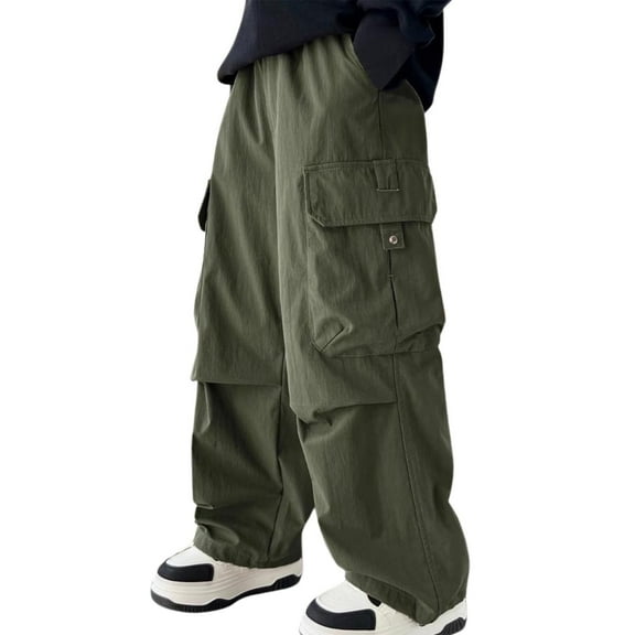 Baggy Boys Cargo Pants Warm Wide Leg Sweatpants Active Elastic Waist Sweat Pants with Pockets Loose Fit Casual Fall Winter Jogger Pants For Kids Green 6-7 Years
