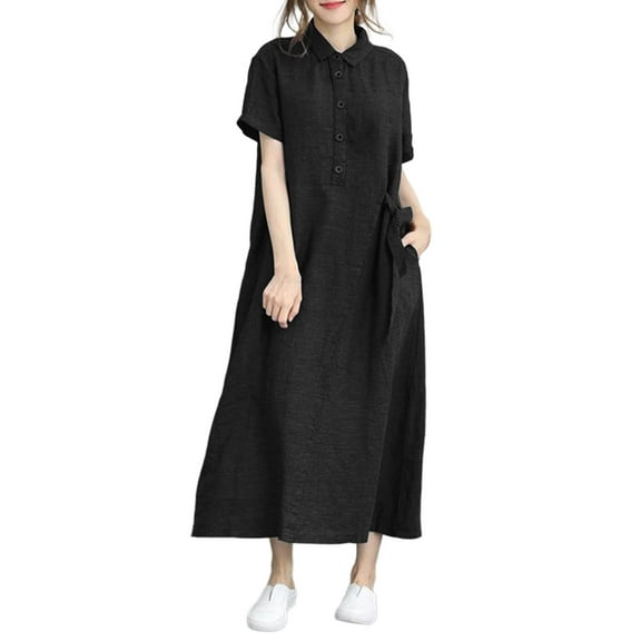 Baggy Button Down Shirt Dresses for Women Plus Size Loose Short Sleeve Long Maxi Dresses Casual Ladies Dress Black, 2XL