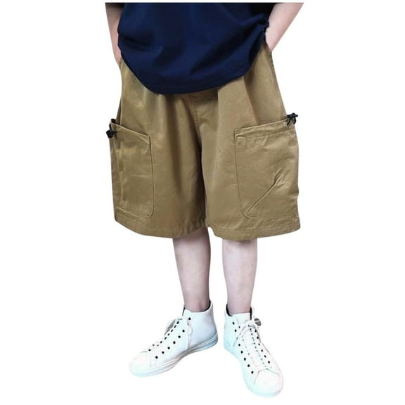 Baggy Capri Pants Boys Loose Cargo Capris Side Pockets Wide Leg Casual Lounge Cotton Trousers Hiphop Streetwear 8 Years, Khaki
