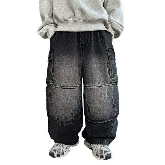 Baggy Cargo Jeans Boys Y2K Straight Wide Leg Denim Pants Streetwear Casual Cute Elastic Waist Loose Trousers Pockets (S-Grey, 5-6 Years)