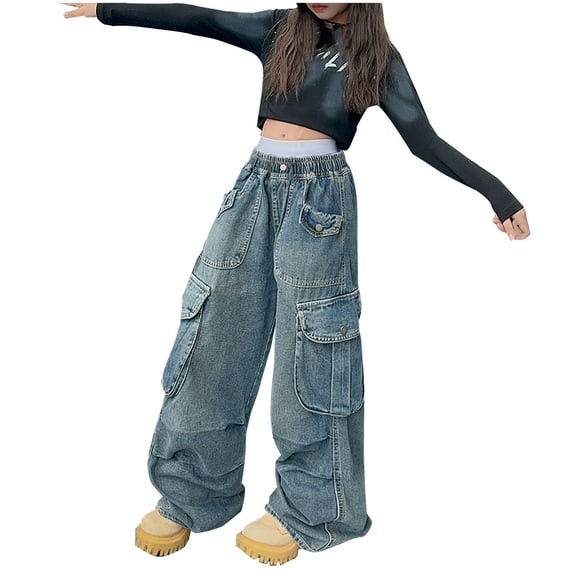 Baggy Cargo Jeans for Girls Loose Wide Leg Denim Pants Elastic Waist Long Jean Trousers Multipokets Blue,11 Years