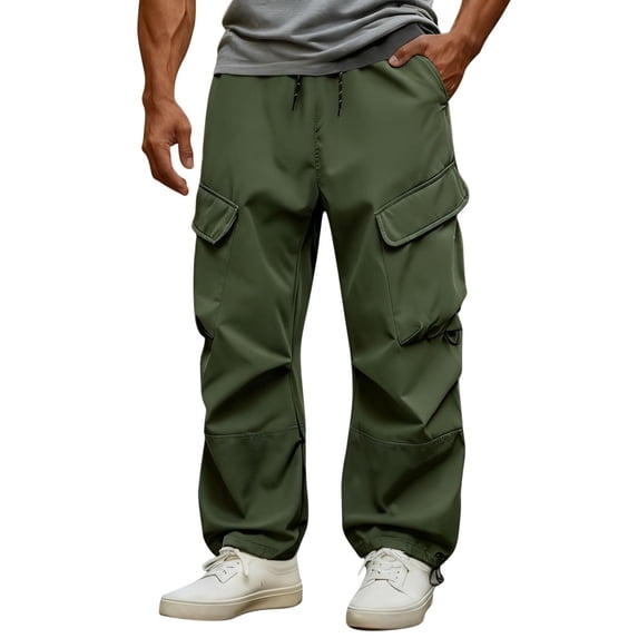 Baggy Cargo Pants For Men Windproof Stretch Elastic Waist Drawstring Parachute Pants Waterproof Hiking Joggers Multi Pockets