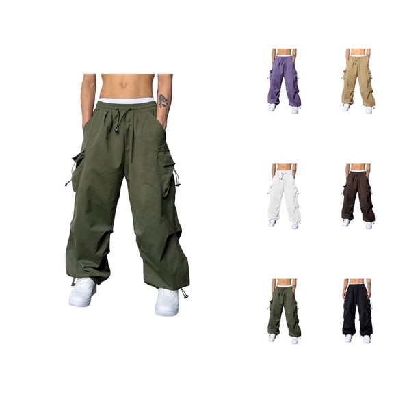 Baggy Cargo Pants Men 2026 Trendy Elastic Waist Drawstring Loose Fit Parachute Pants with Pockets Harem Joggers Streetwear
