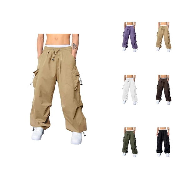 Baggy Cargo Pants Men 2026 Trendy Elastic Waist Drawstring Loose Fit Parachute Pants with Pockets Harem Joggers Streetwear