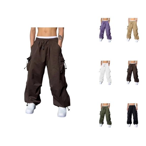 Baggy Cargo Pants Men 2026 Trendy Elastic Waist Drawstring Loose Fit Parachute Pants with Pockets Harem Joggers Streetwear