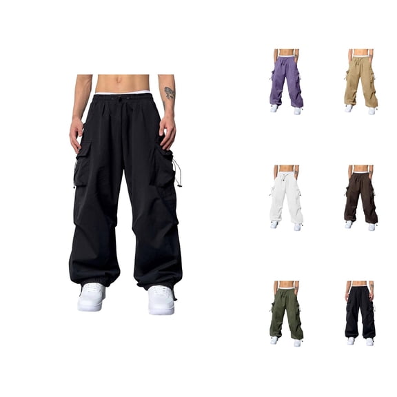 Baggy Cargo Pants Men 2026 Trendy Elastic Waist Drawstring Loose Fit Parachute Pants with Pockets Harem Joggers Streetwear
